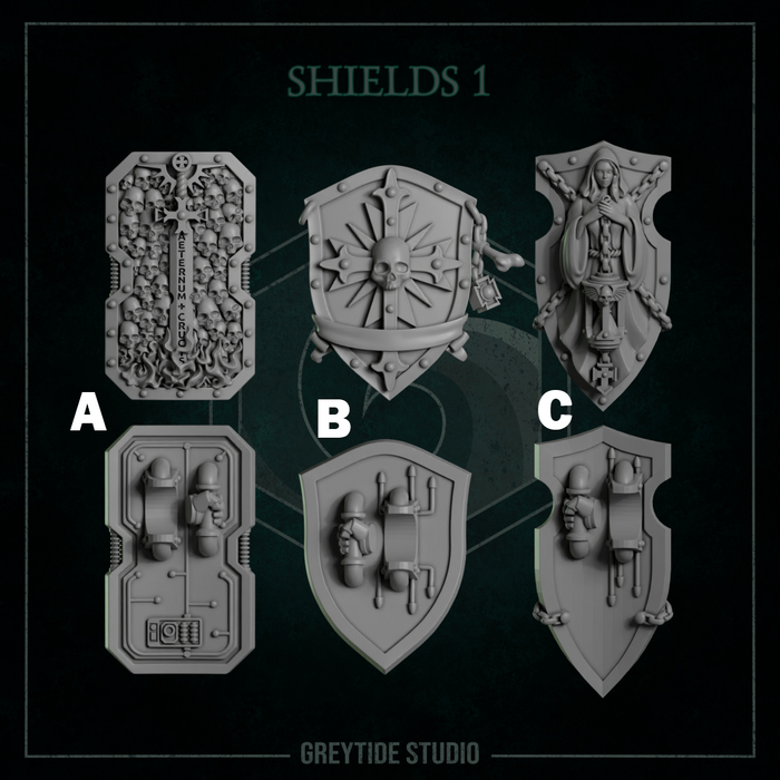 Shields Pack 1 | Eternal Pilgrims | Grey Tide Studio | Sci-Fi Grimdark Custom Bitz Wargaming Miniatures 28mm 32mm