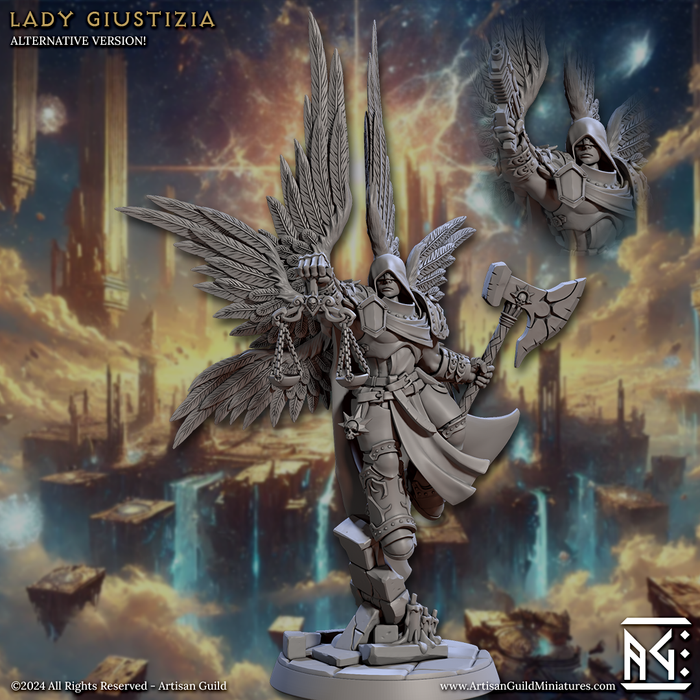 Artisan Guild Lady Giustizia 3D-printed miniature, available in scales from 28mm to 75mm, illustrating D&D miniature size options