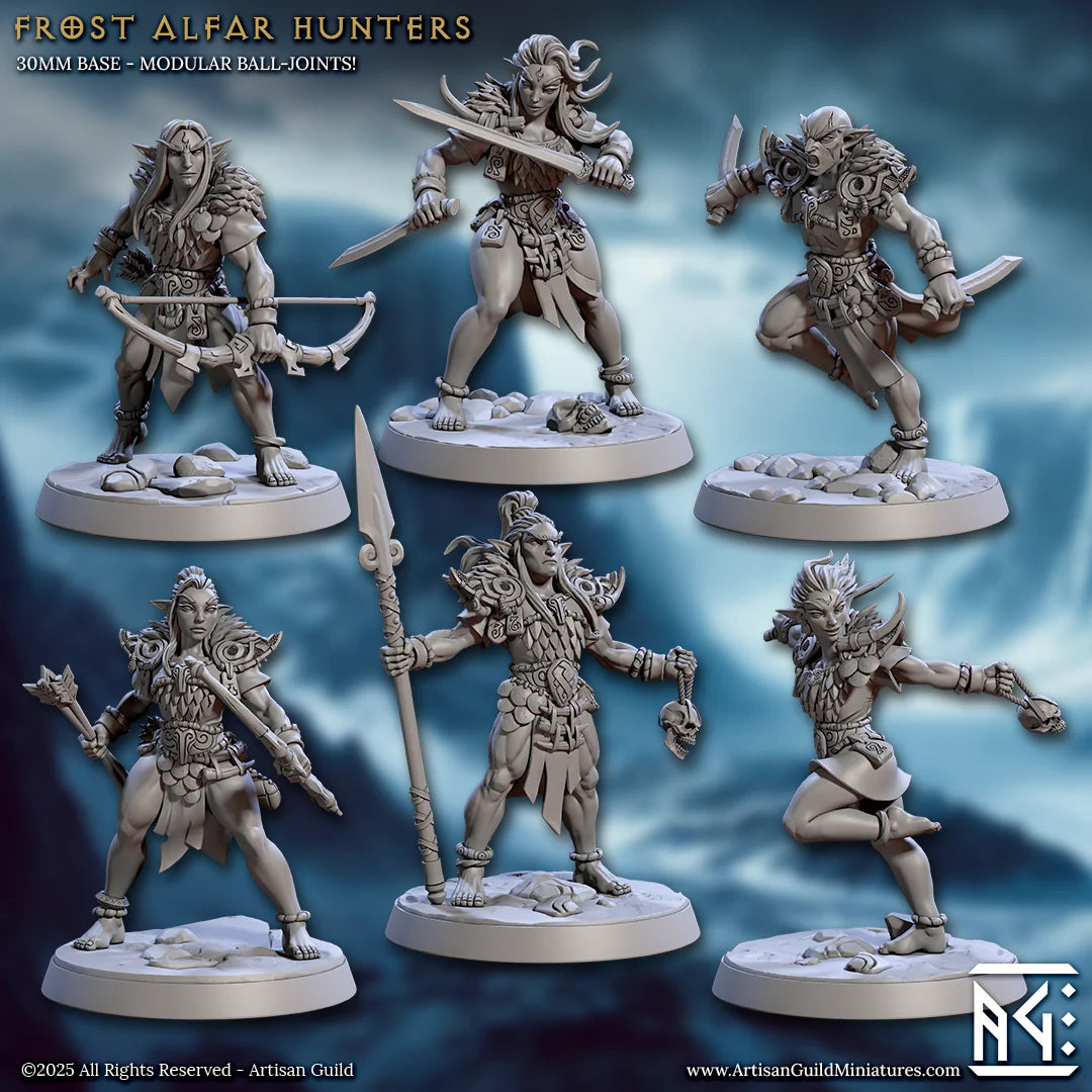 Frost Alfar Hunter miniatures by Artisan Guild, 28/32mm resin fantasy miniatures, unpainted, showing modular ball-joint assembly
