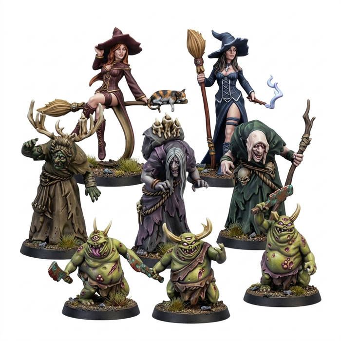 Witches & Little Monsters miniature set by Galaad Miniatures — eight 28/32mm presupported resin fantasy miniatures including witch characters and chaos creature companions