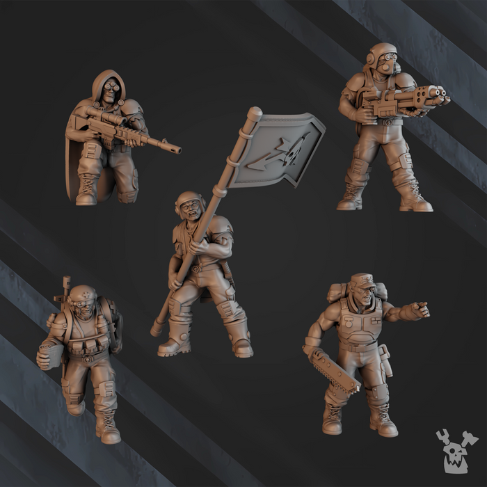 DakkaDakka Green Hell Division command squad, 3D-printed sci-fi soldier miniatures that suit a Thrackdown Iron Pact warband