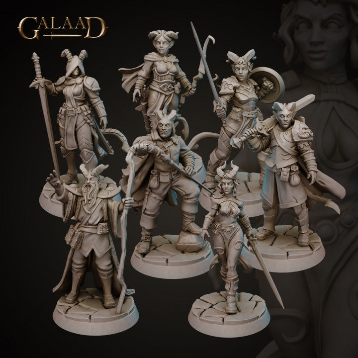 Galaad Miniatures Tieflings set, seven unpainted resin dnd miniatures tiefling knights, paladin, archer, duelist and wizard