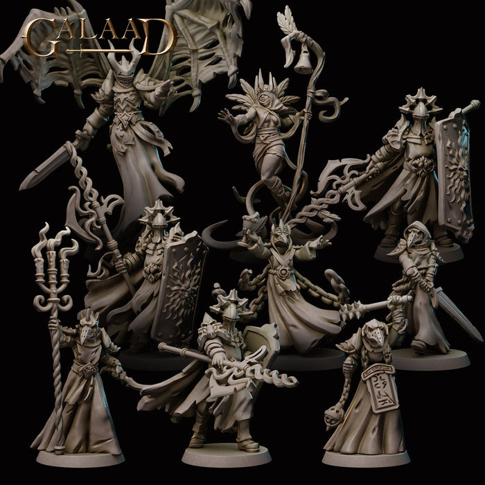 Darkness Rise dark fantasy miniature set showing armoured dark knights, cultists and daemon warrior models in 28mm resin by Galaad Miniatures