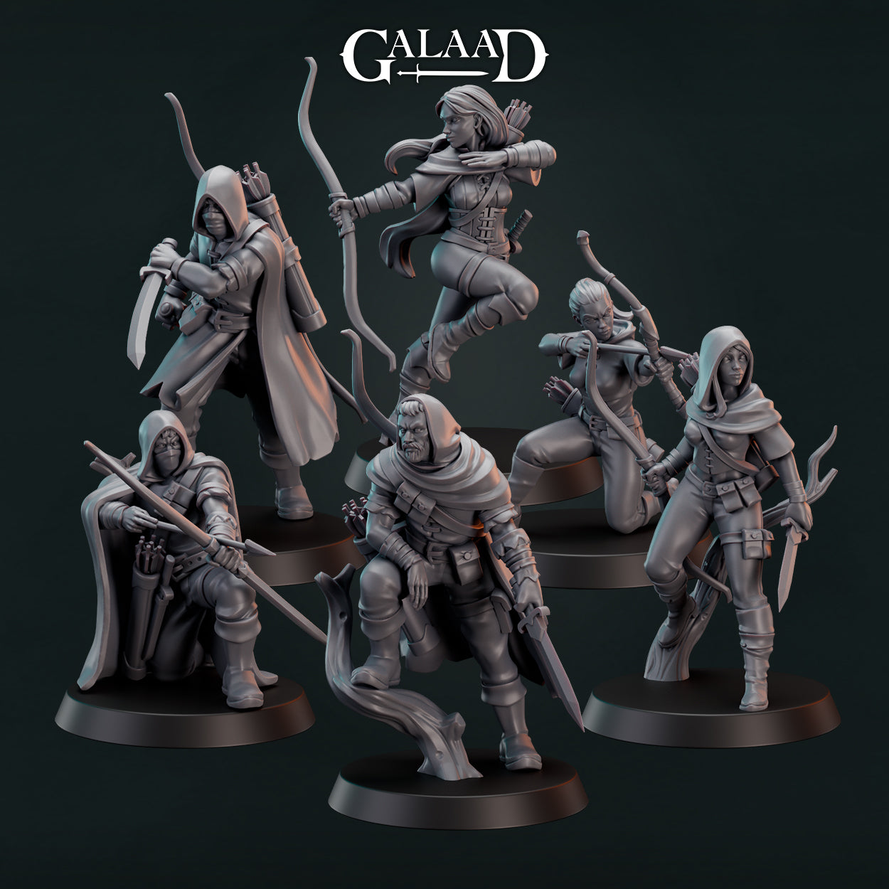 Galaad Miniatures Forest Ranger set — a group of pre-supported 32mm resin fantasy ranger miniatures