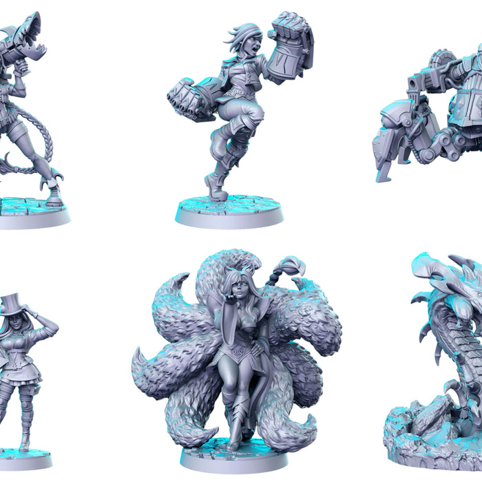 RN Estudio Legends set featuring Jinx, Vi, Caitlyn, Ahri, Urgot and Baron Nashor as 28mm resin miniatures