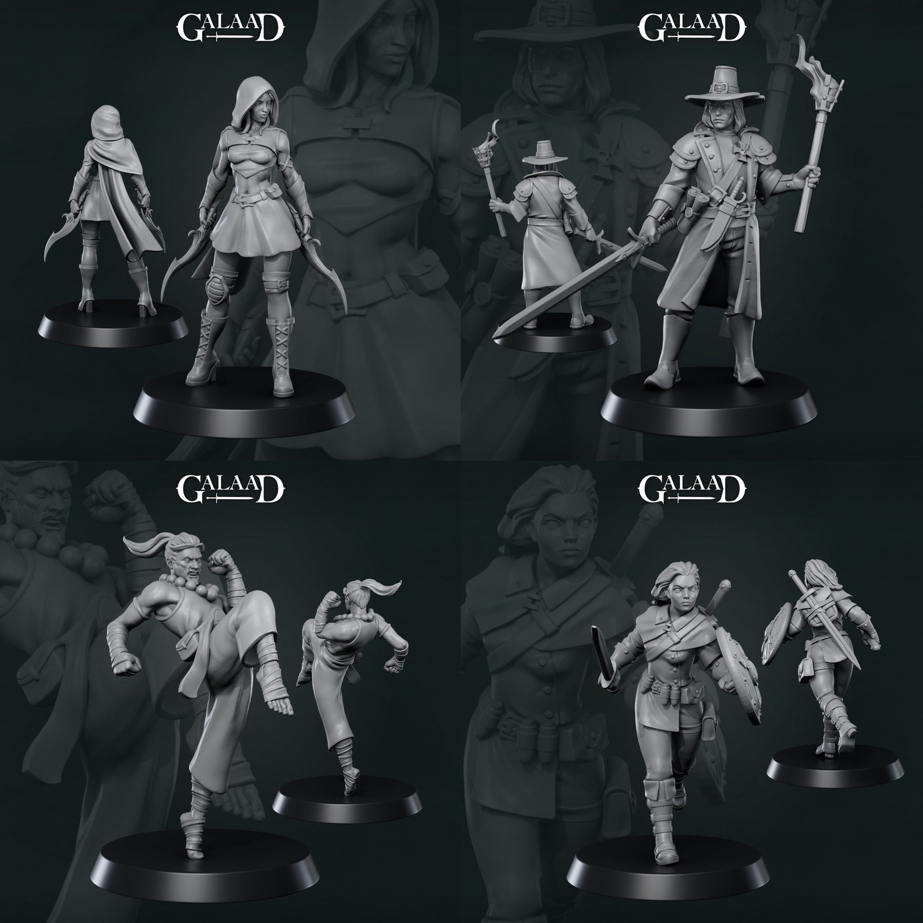 Galaad Miniatures Adventurer set showing Monk, Pilgrim, Rogue and Fighter resin miniatures, 28/32mm, unpainted
