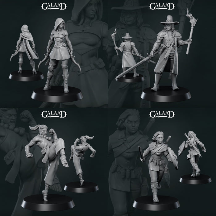 Galaad Miniatures Adventurer set showing Monk, Pilgrim, Rogue and Fighter resin miniatures, 28/32mm, unpainted