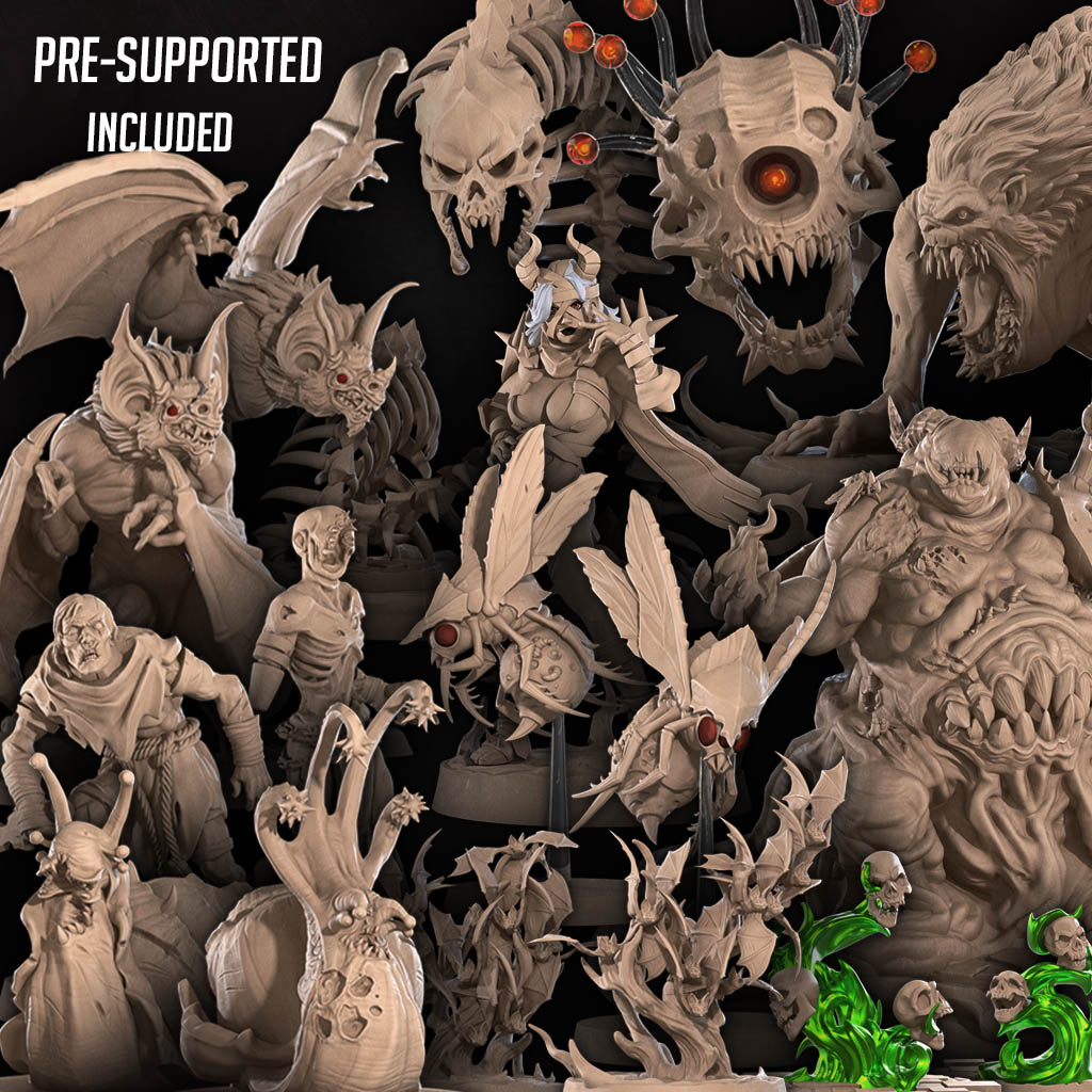 Bite the Bullet Encounters Undead miniature set — 18 resin undead models including Bone Naga, Lord of Pestilence and Beholder Skull, printed in the UK