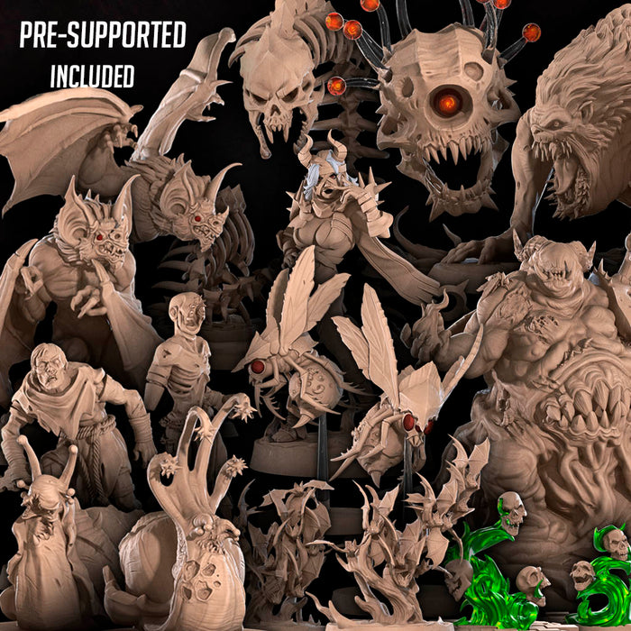 Bite the Bullet Encounters Undead miniature set — 18 resin undead models including Bone Naga, Lord of Pestilence and Beholder Skull, printed in the UK