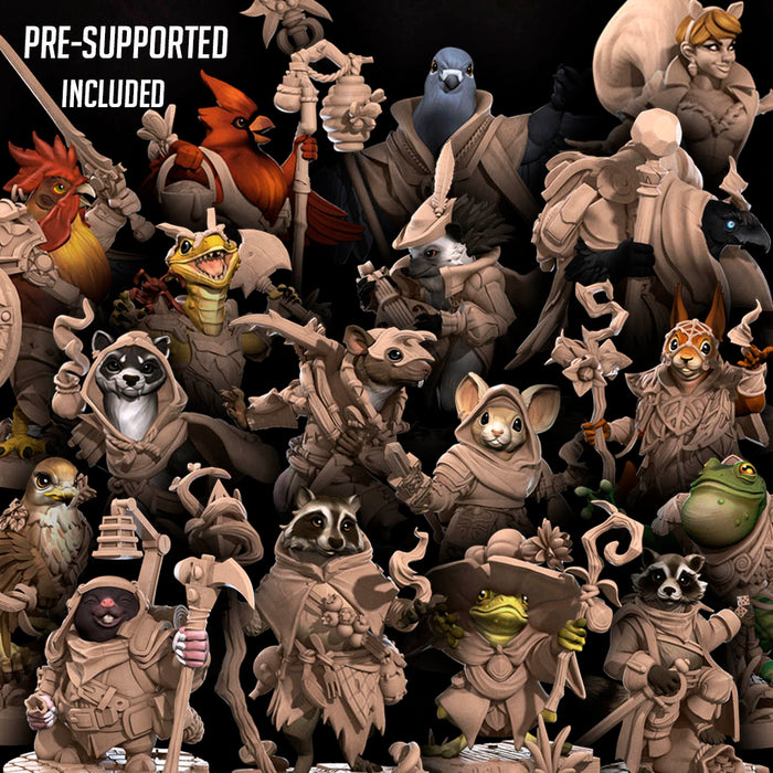 Grove Haven woodland animal folk miniatures by Bite the Bullet, 17 resin 3D-printed fantasy characters including hawk ranger and hedgehog bard