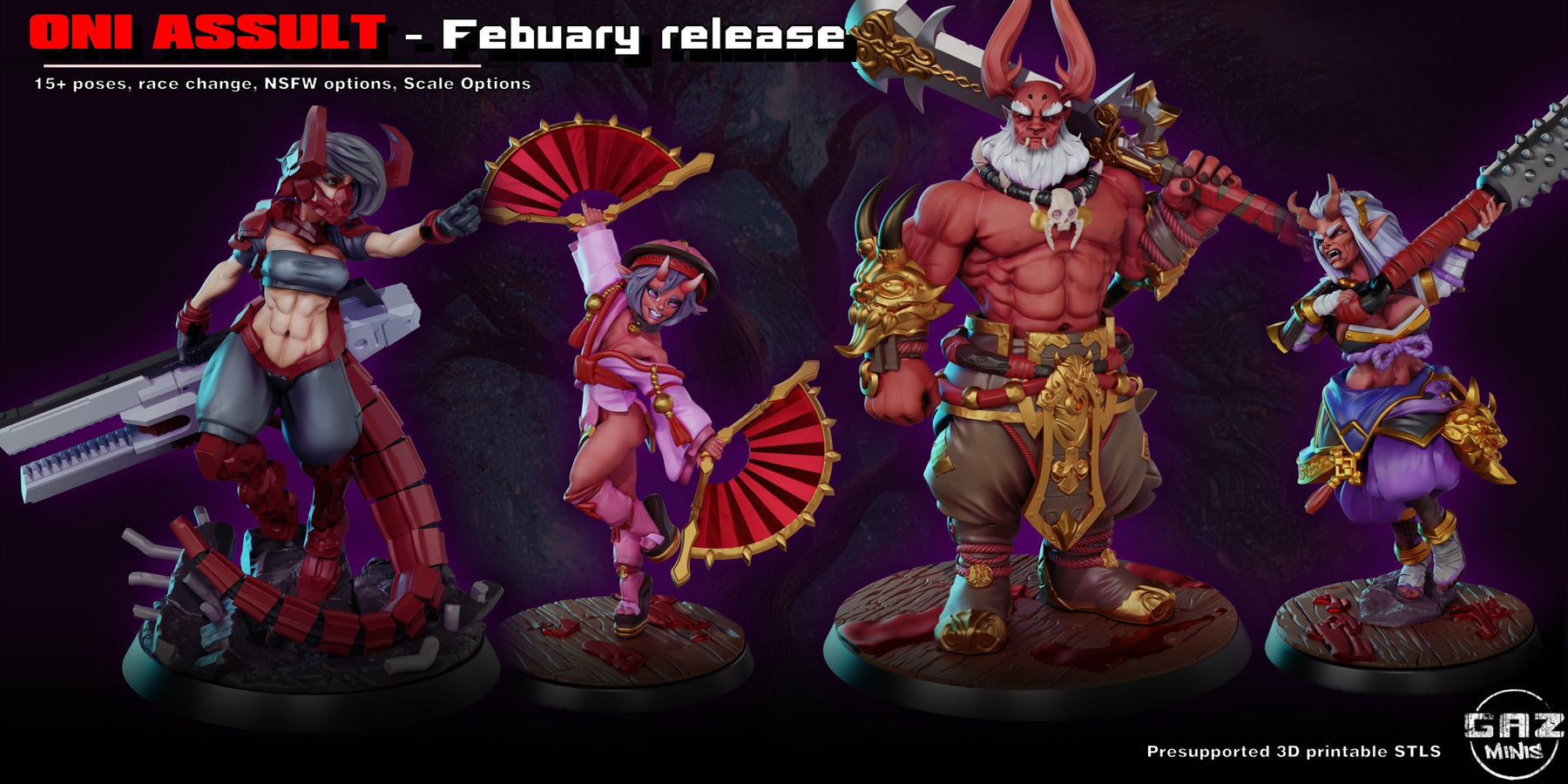 Oni Assault miniatures by Gaz Minis: four 28/32mm resin Oni figures including the Akuma Clan Leader, available at TabletopXtra UK