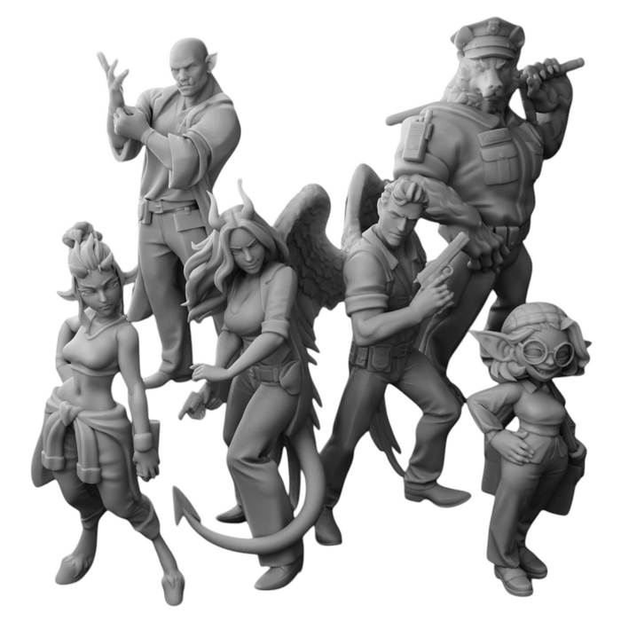 Fantasy Crime Drama miniatures by Twin Goddess Miniatures, including the Angel Detective Aasimar, Orc Coroner and Werebear Officer, 3D printed in resin
