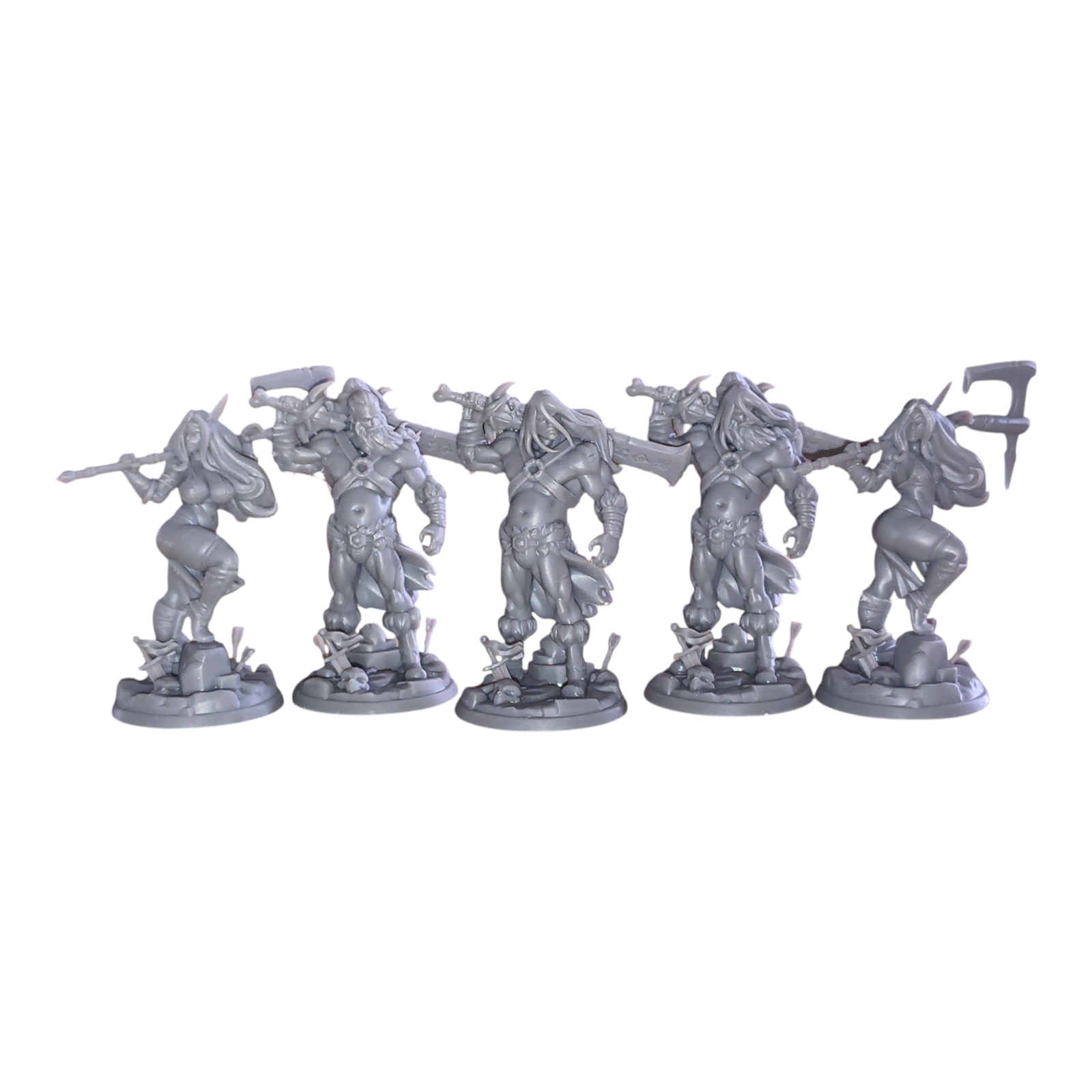 Barbarian Bimbo resin miniatures set by Twin Goddess Miniatures — fantasy barbarian characters Thitania the Beheader and Thornan the Dadbarian.