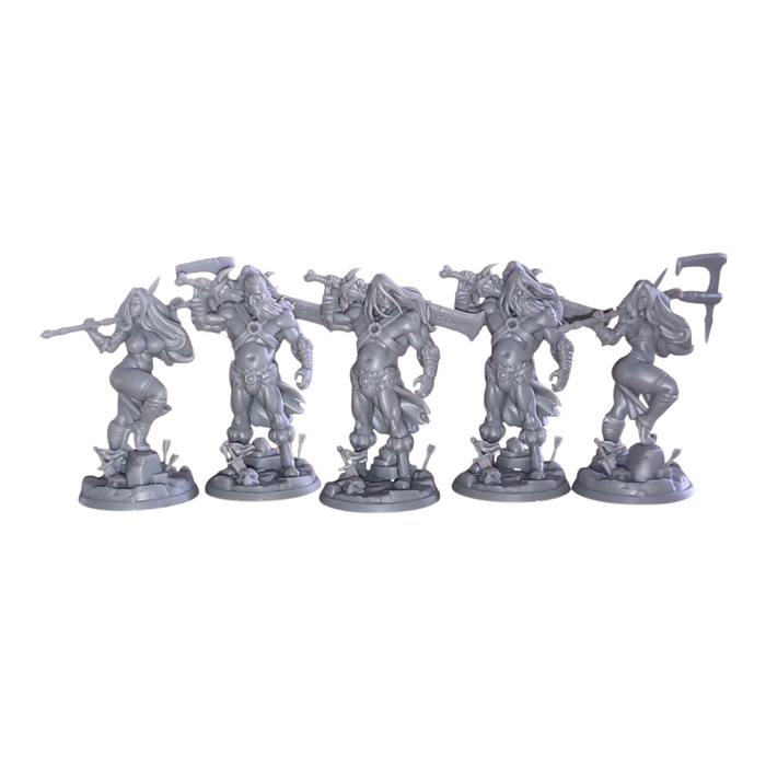 Barbarian Bimbo resin miniatures set by Twin Goddess Miniatures — fantasy barbarian characters Thitania the Beheader and Thornan the Dadbarian.