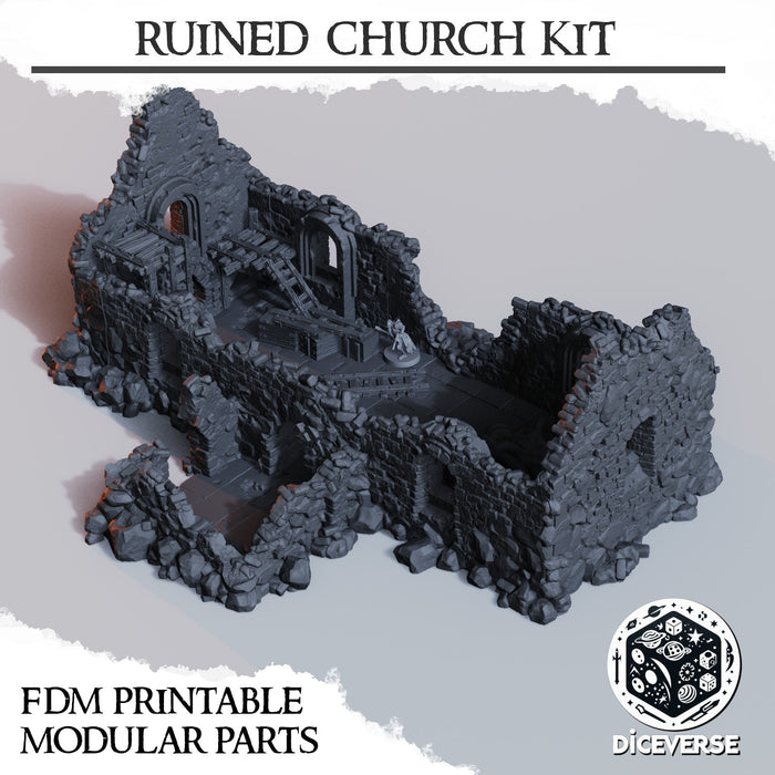 Diceverse Ruined Church 3D-printed terrain for Trench Crusade wargaming, available at TabletopXtra UK