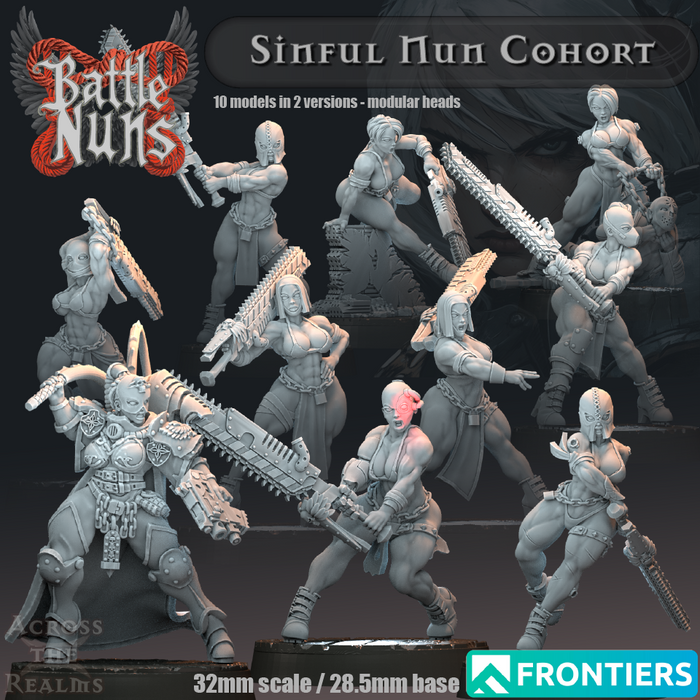 Sinful Nun Squad by Across the Realms, 28/32mm resin sci-fi miniatures, unpainted — part of the Battle Nuns range