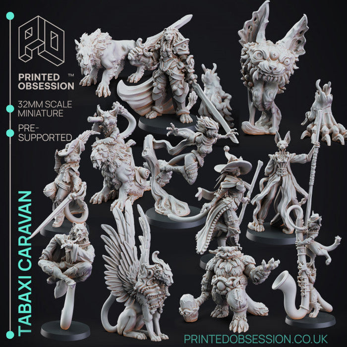 Tabaxi Caravan full set of twelve cat folk miniatures by Printed Obsession, 28/32mm resin for D&D and fantasy roleplay