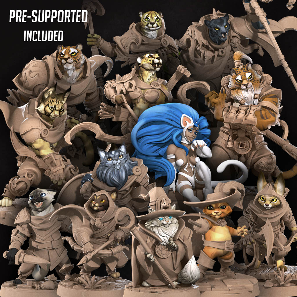 Bite the Bullet Tabaxi resin miniatures, cat-folk DnD miniatures player characters 3D printed in the UK