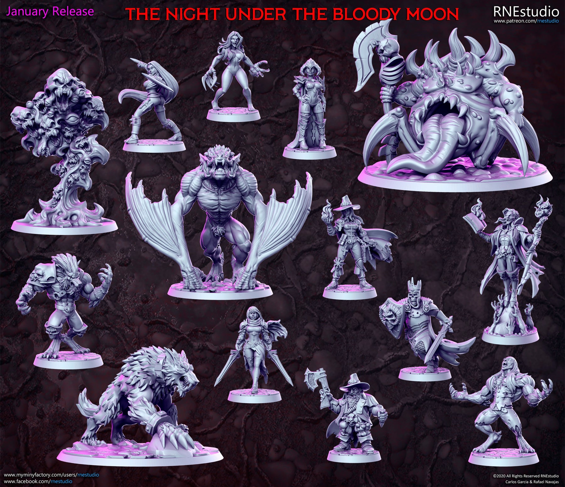 The Night Under the Bloody Moon full set of fantasy horror miniatures by RN Estudio, featuring 28mm resin vampire, werewolf and undead sculpts