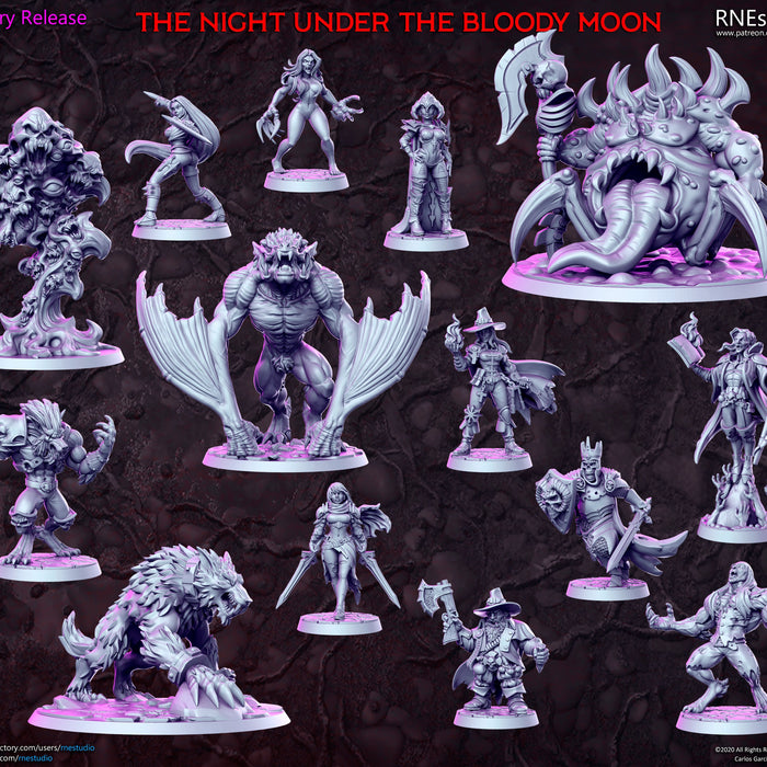 The Night Under the Bloody Moon full set of fantasy horror miniatures by RN Estudio, featuring 28mm resin vampire, werewolf and undead sculpts