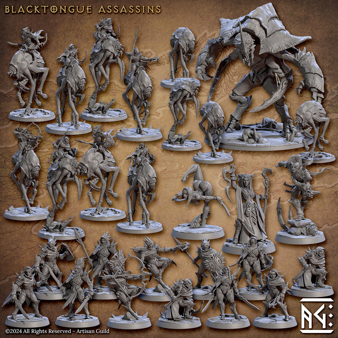 Blacktongue Assassins miniatures by Artisan Guild: dark elf assassins, Zeek Rider mounts and hero characters in 28/32mm resin