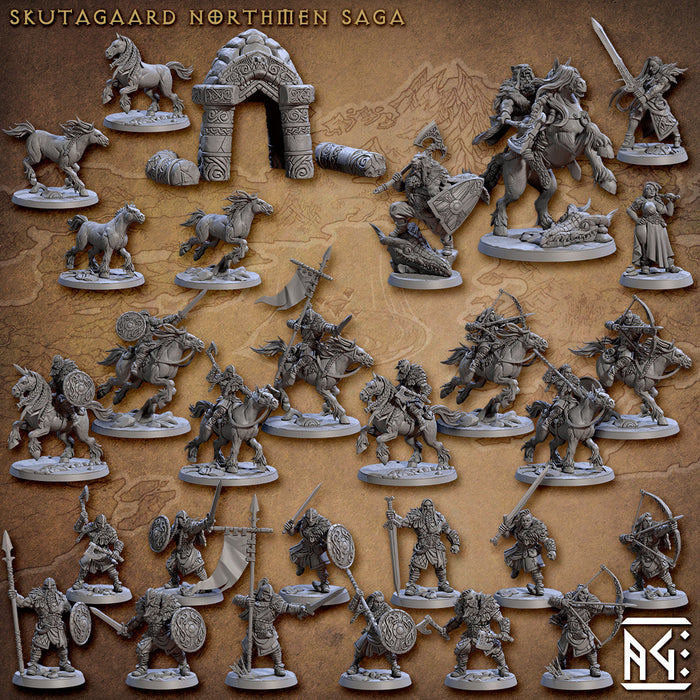 Artisan Guild Skutagaard Northmen Saga Norse miniatures full set, with Viking warriors, a mounted king and a shieldmaiden