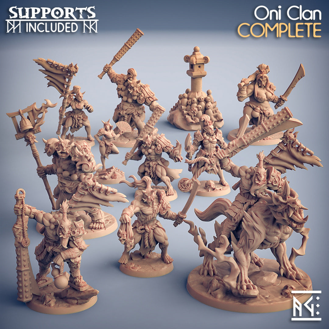 28mm Oni Clan miniatures by Artisan Guild, including Oni Grunts, Kyojin giants and Yoshigruzu Clan Leader, for DnD and fantasy RPG