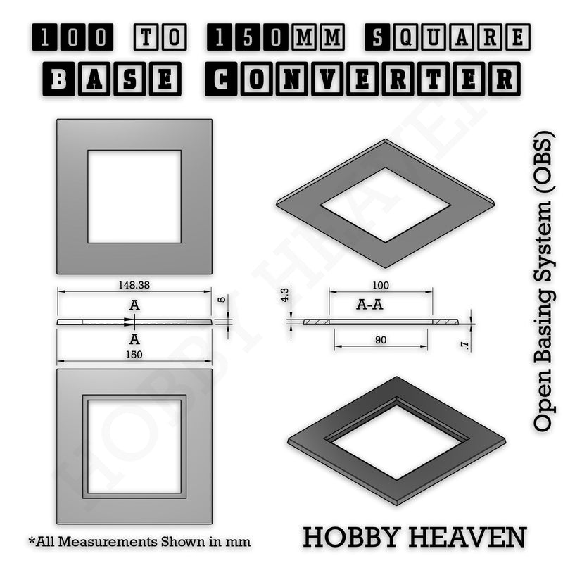 Square to Square Bases Size Converters 3d Print Full Range