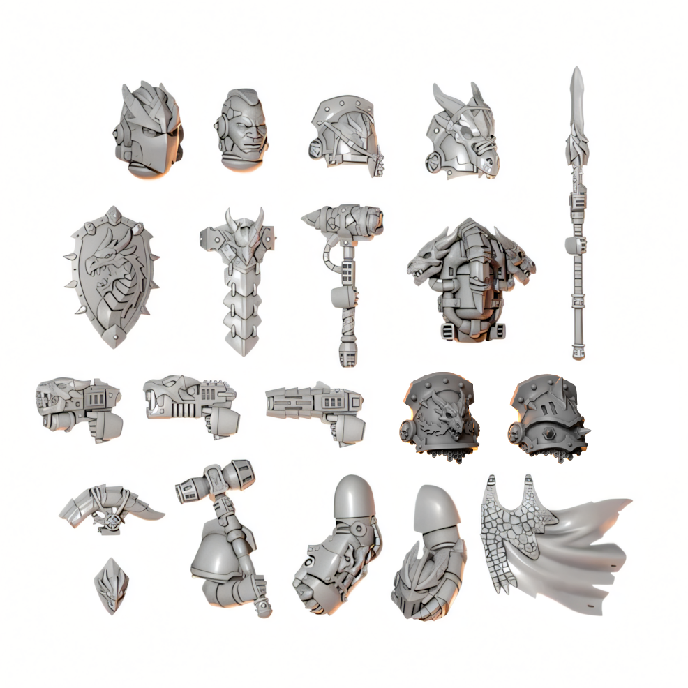 A set of unpainted gray fantasy tabletop gaming miniatures and accessories, including various armor pieces, weapons, and character headgear, arranged on a plain white background.