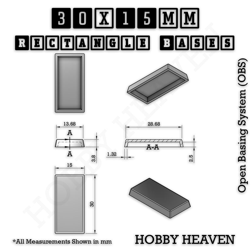 Rectangle Bases Range Sizes - 75x30mm to 125x40mm Medium Sizes 3d Print Full Range Tabletop Games