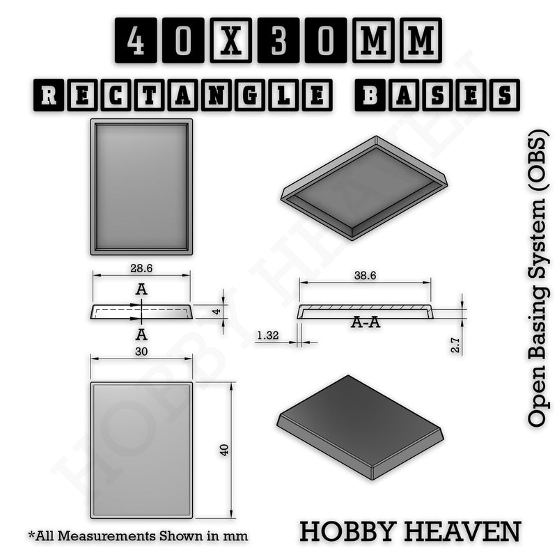 Rectangle Bases Range Sizes - 75x30mm to 125x40mm Medium Sizes 3d Print Full Range Tabletop Games