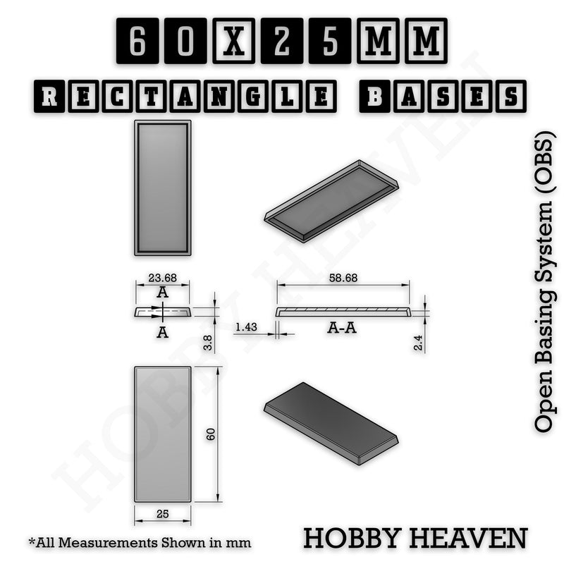 Rectangle Bases Range Sizes - 20x15mm to 75x25mm Small Sizes 3d Print Full Range Tabletop Games
