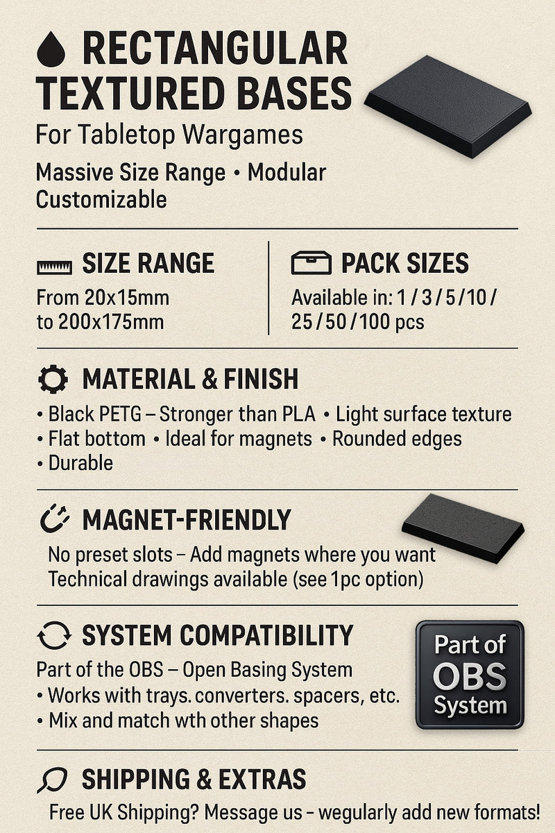 Rectangle Bases Range Sizes - 75x30mm to 125x40mm Medium Sizes 3d Print Full Range Tabletop Games