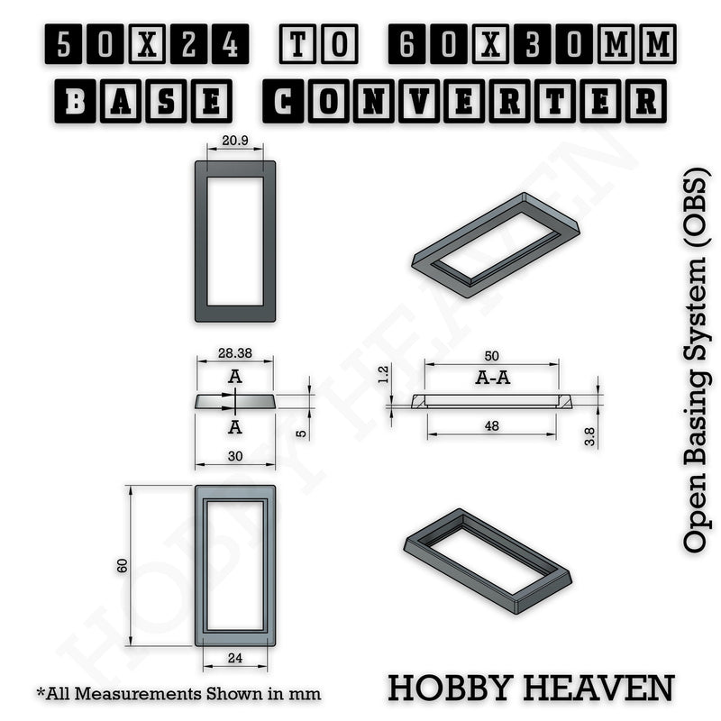 50x24mm to 60x30mm Rectangle Bases Converters ABS Plastic