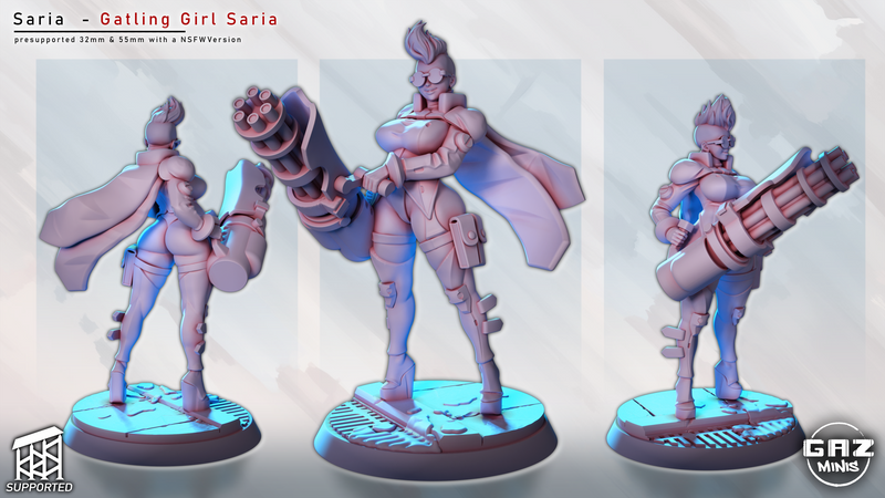Cyber Vanguard Gatling Girl Saria Miniature | Fantasy Pin-Up | Gaz Minis