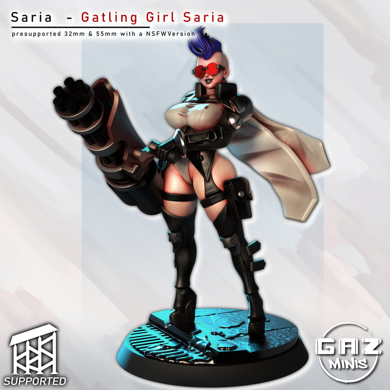 Cyber Vanguard Gatling Girl Saria Miniature | Fantasy Pin-Up | Gaz Minis