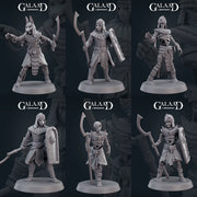 A collection of six fantasy miniature figures from Galaad Miniatures, each in grey resin, depicting different mummy-themed characters, warriors, and a scorpion.