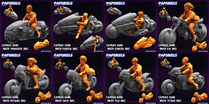 Capsule Gang Biker w/ Bike Miniatures | Cyberpunk | Papsikels