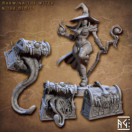Marwina the Witch & Mimic Miniatures | Arcanist Guild | Fantasy D&D Miniature | Artisan Guild TabletopXtra