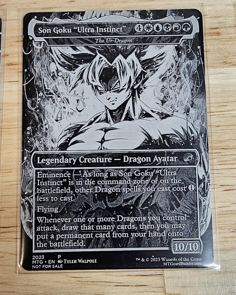 Laser engraved metal card showing full-art illustration, frame and rules text detail