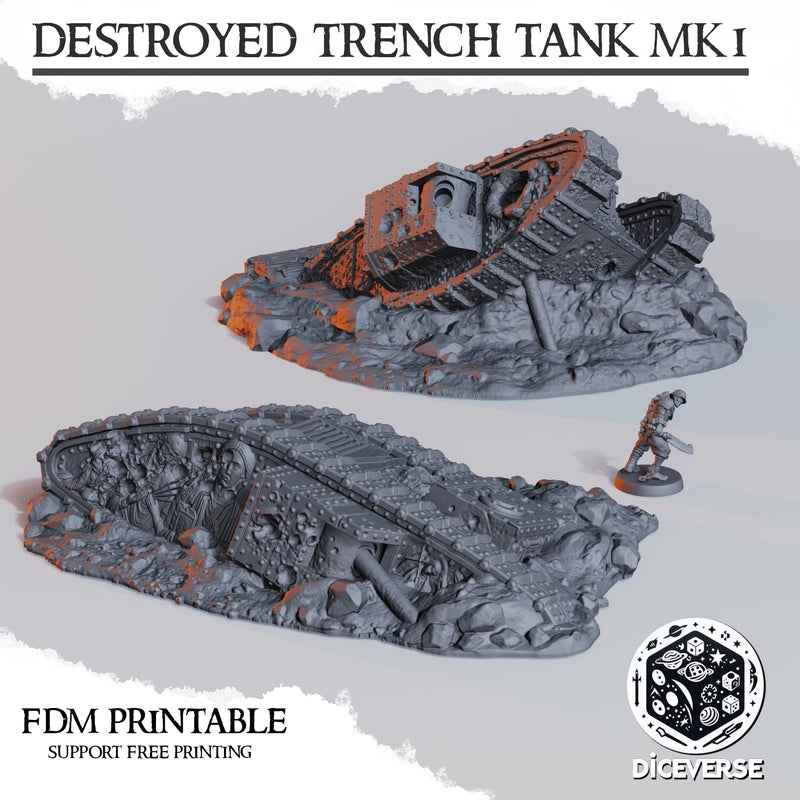 Destroyed Trench Tank MK1 Terrain Pack | Wargaming Terrain FDM Trench Grimdark Scenery | Diceverse