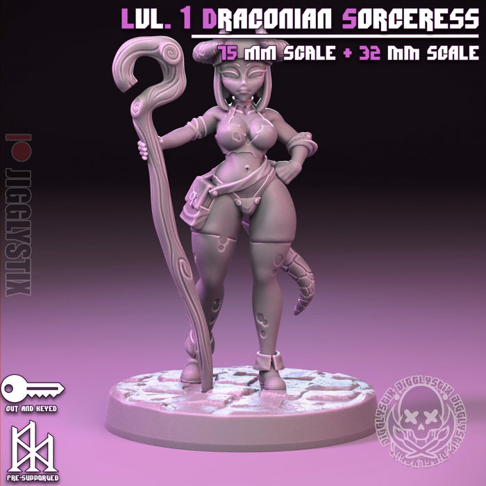 Lvl 1 Draconian Sorceress (75mm) | Pin-Up Statue Fan Art Miniature Unpainted | Jigglystix