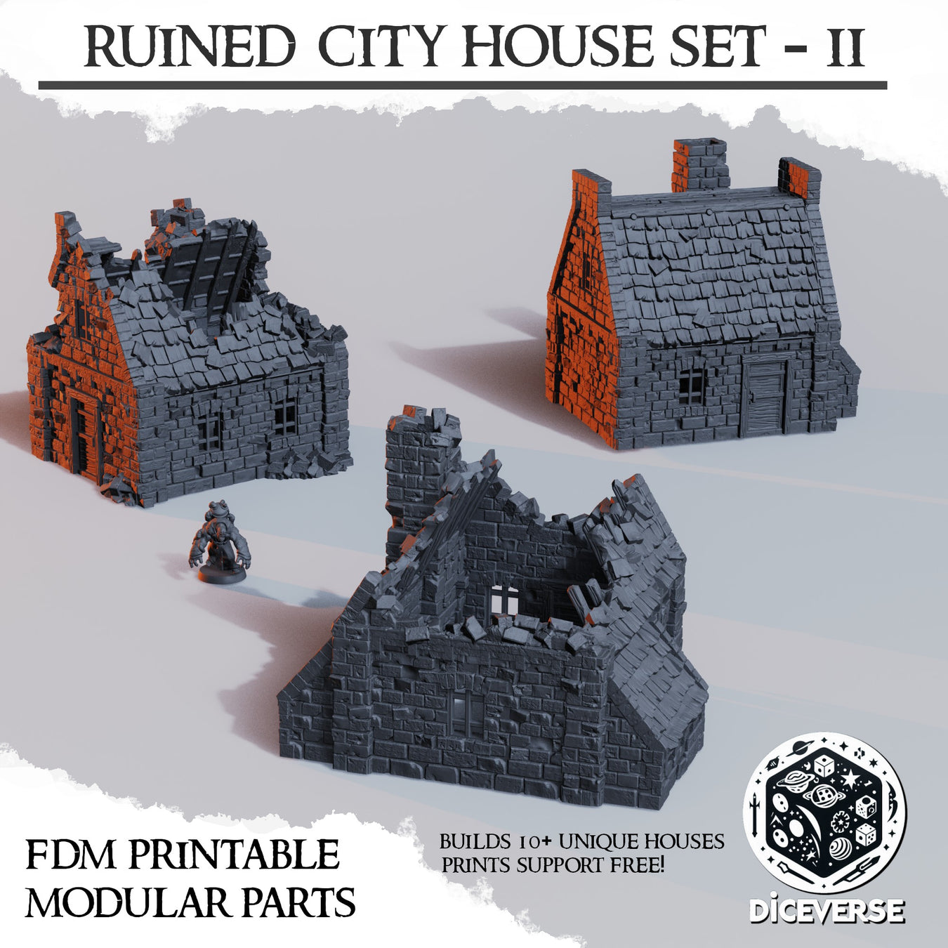 Ruined City House Set 2, 28/32mm FDM trench-warfare miniature, unpainted