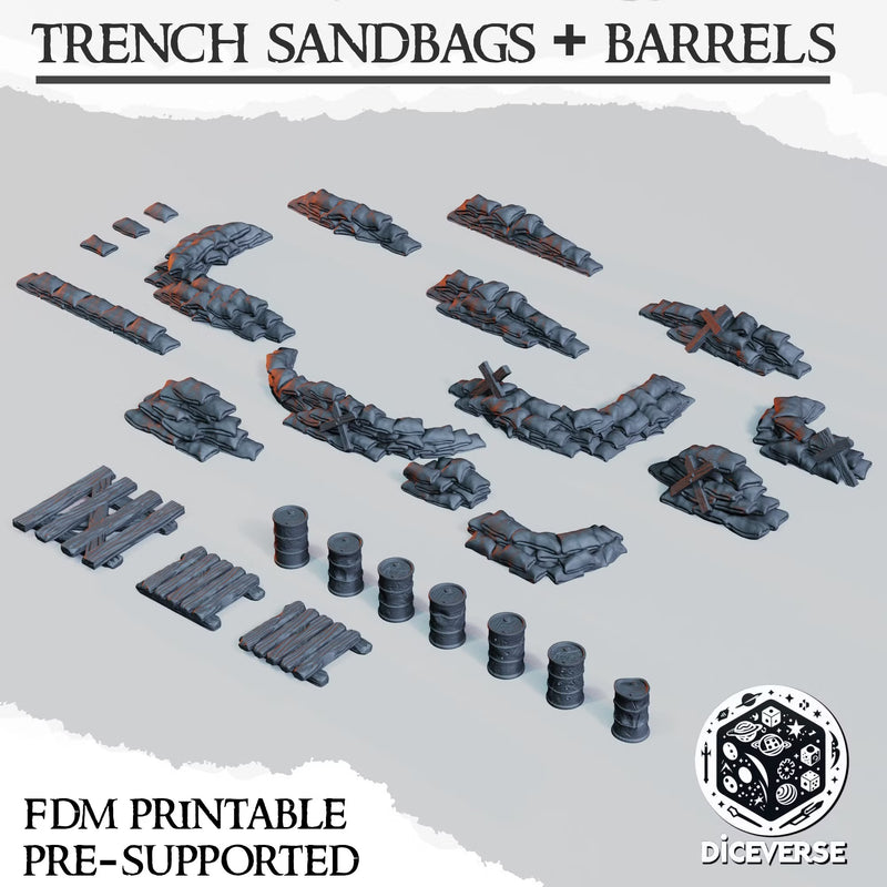 Sandbags & Barrels Terrain Kit | Wargaming Terrain FDM Trench Grimdark Scenery | Diceverse