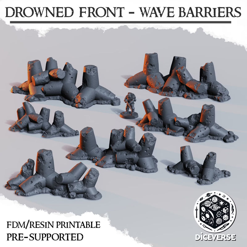 Drowned Front Wave Barriers Set | Wargaming Terrain FDM Trench Grimdark Scenery | Diceverse